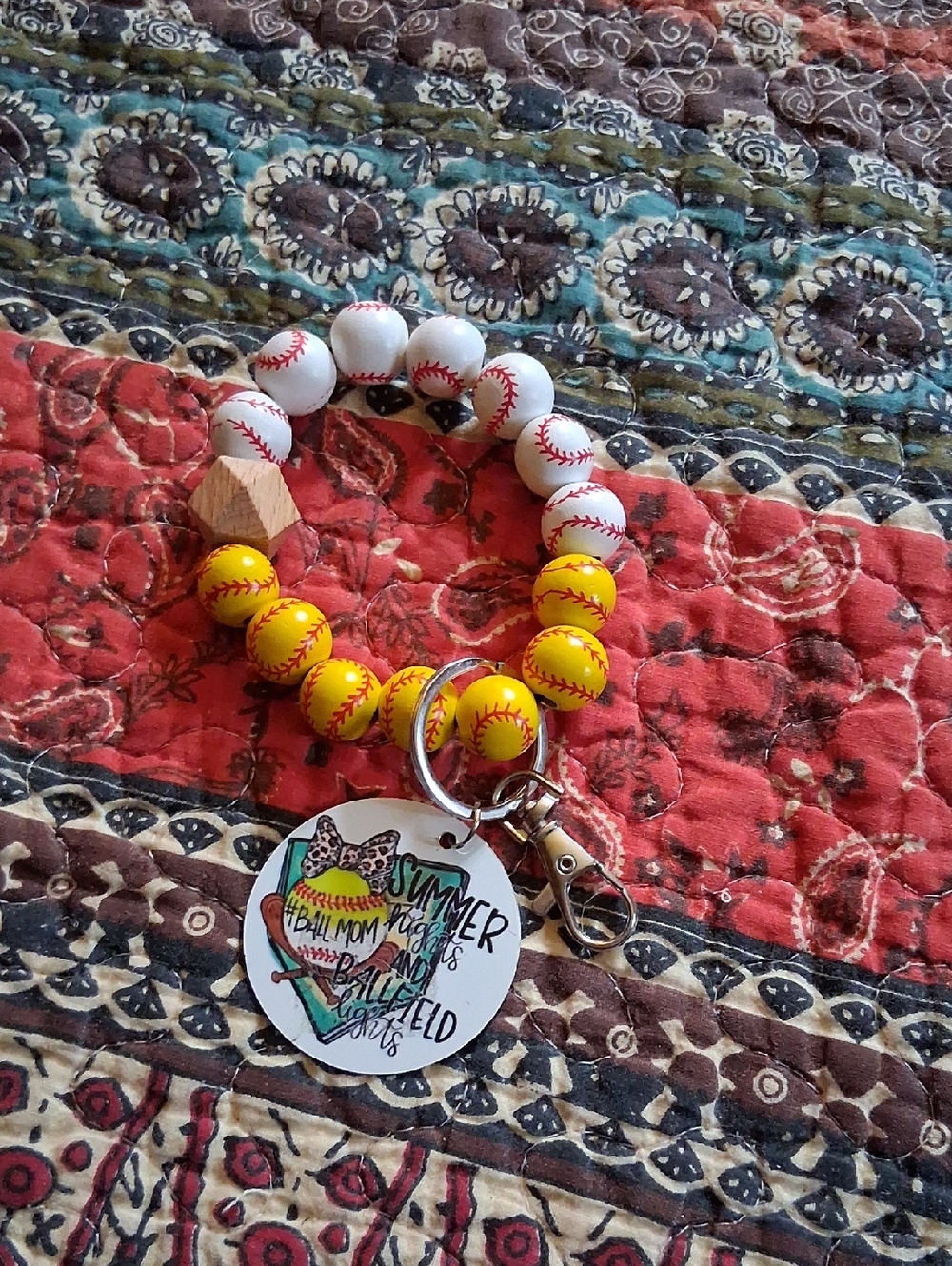 Softball / Baseball Bead Wristlet Keychain - Yellow & White